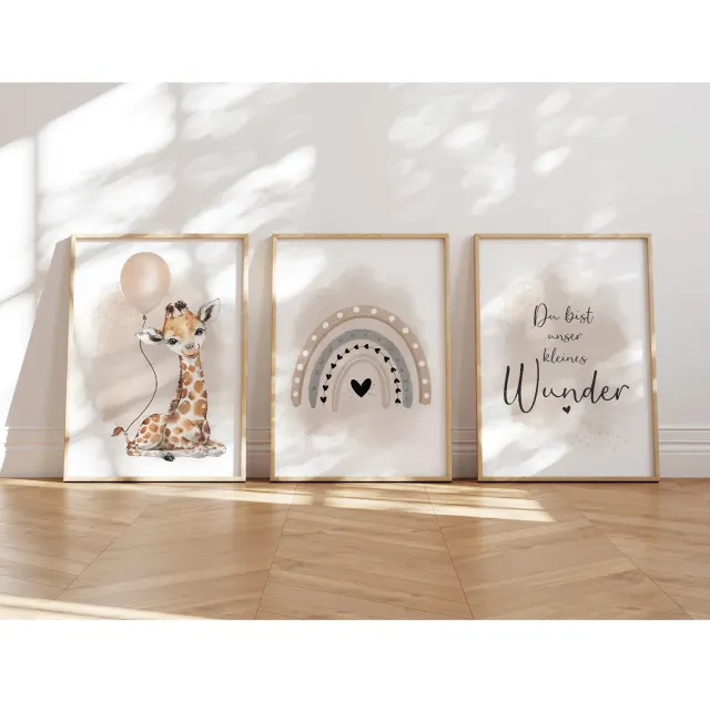 MeinBaby123 Kinderzimmer Poster 3er Set A4 Giraffe Beige