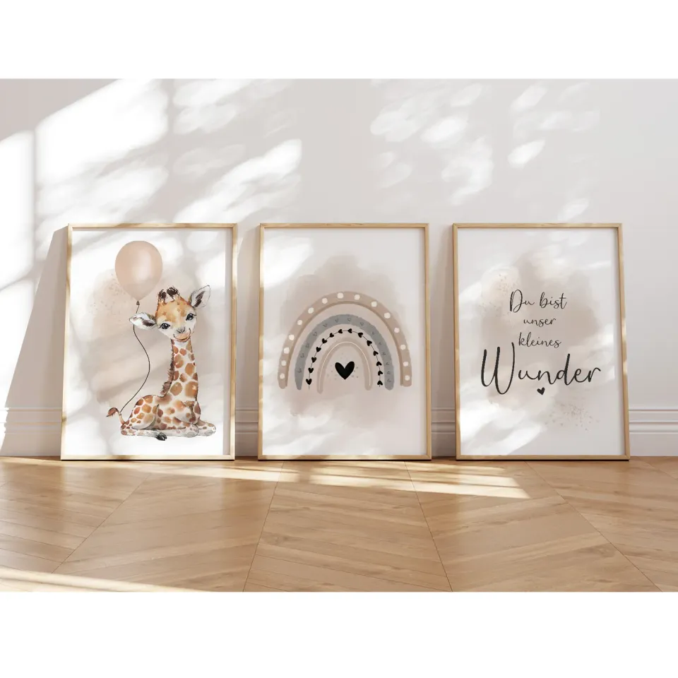MeinBaby123 Kinderzimmer Poster 3er Set A4 Giraffe Beige