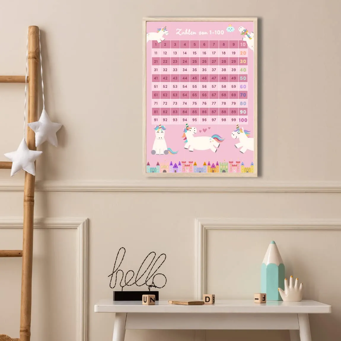 MeinBaby123 Einhörner Lernposter Zahlen 1-100 A2 matt