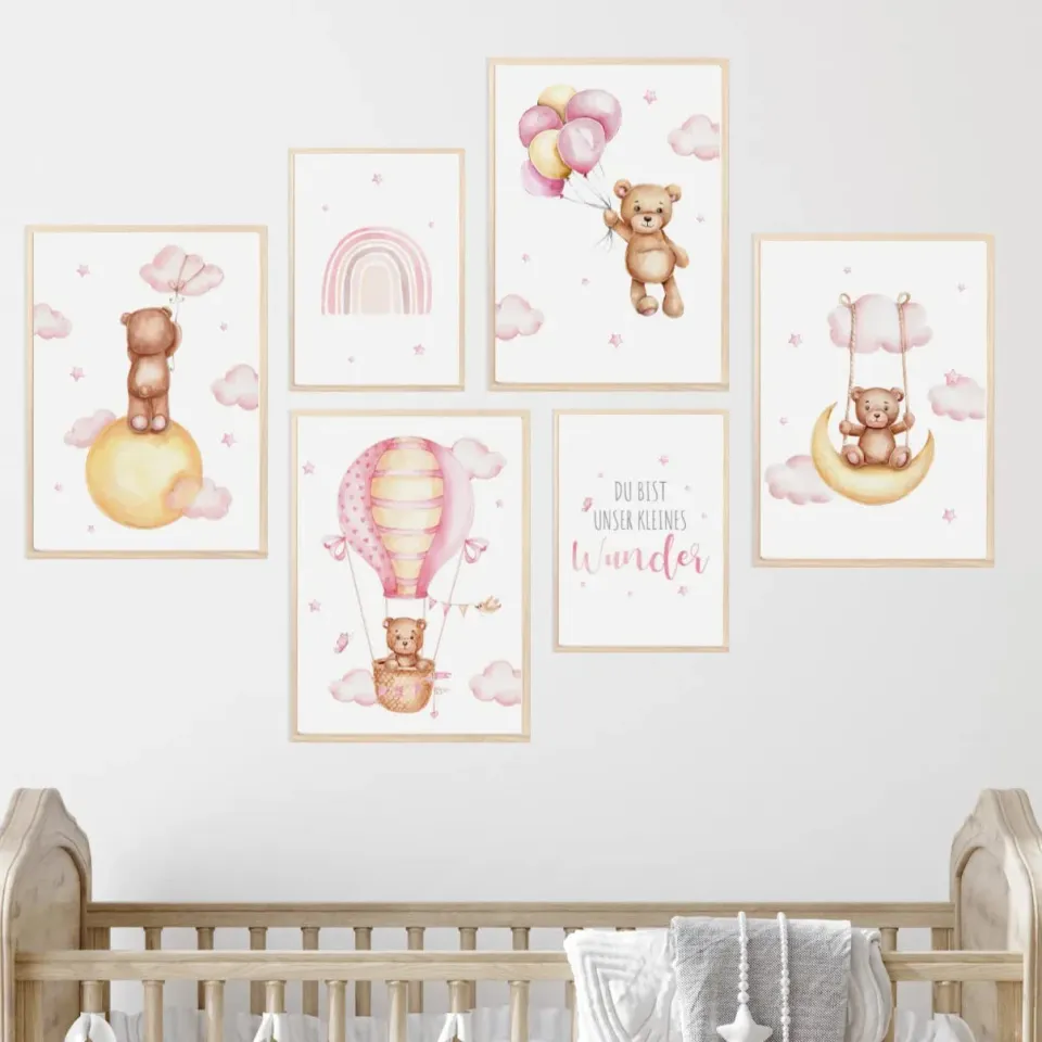 MeinBaby123 Kinderzimmer Poster Bär Luftballon rosa 6er Set