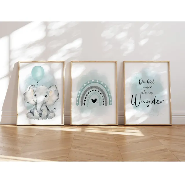 MeinBaby123 Kinderzimmer Poster Elefant mint 3er Set A4