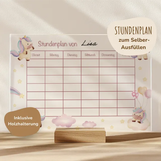 MeinBaby123 Stundenplan Acryl Einhörner A4 mit Halterung