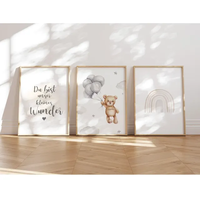 MeinBaby123 Bär & Regenbogen Poster 3er Set A4 Boho