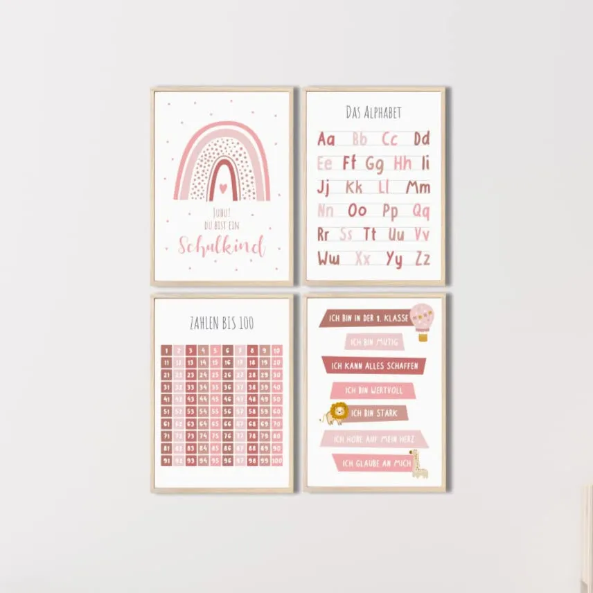 MeinBaby123 Lernposter 4er Set A4 Alphabet Zahlen rosa