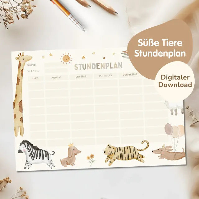 MeinBaby123 Süsse Tiere Stundenplan zum Ausdrucken PDF