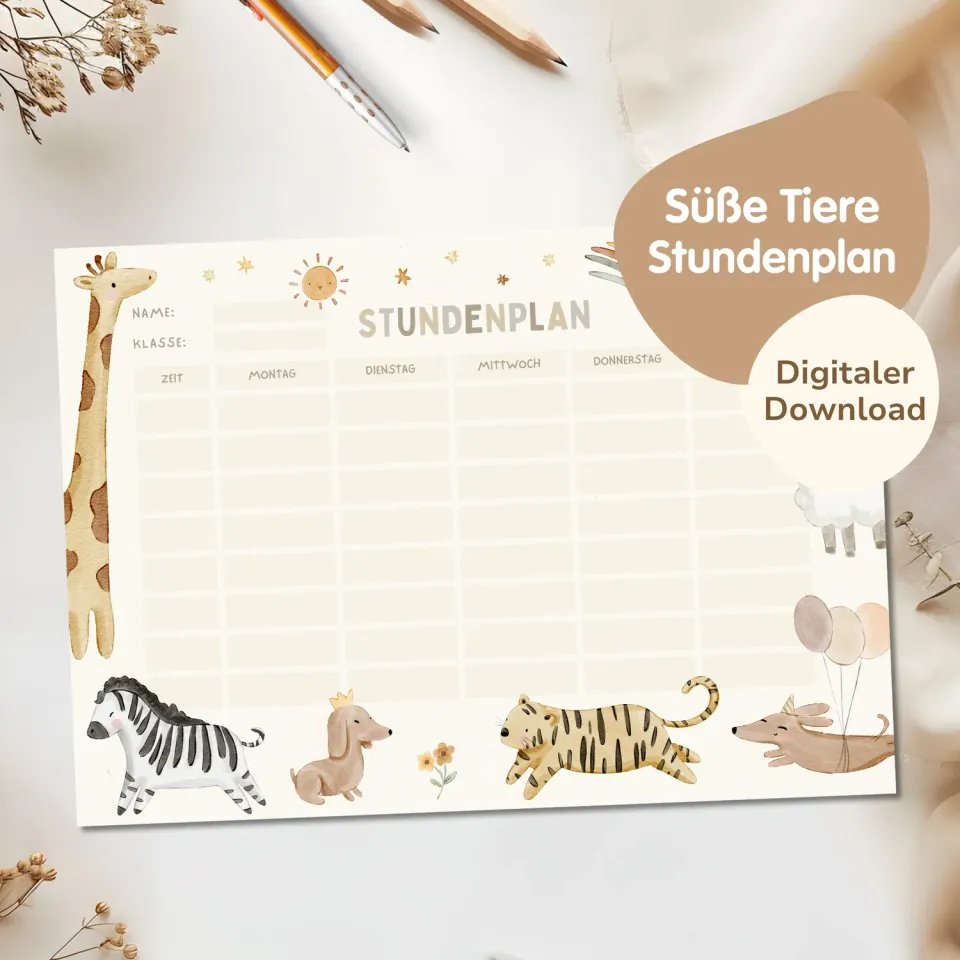 MeinBaby123 Süsse Tiere Stundenplan zum Ausdrucken PDF
