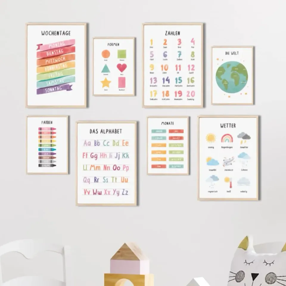 MeinBaby123 Lernposter 8er Set A4 & A5 Alphabet ABC Zahlen