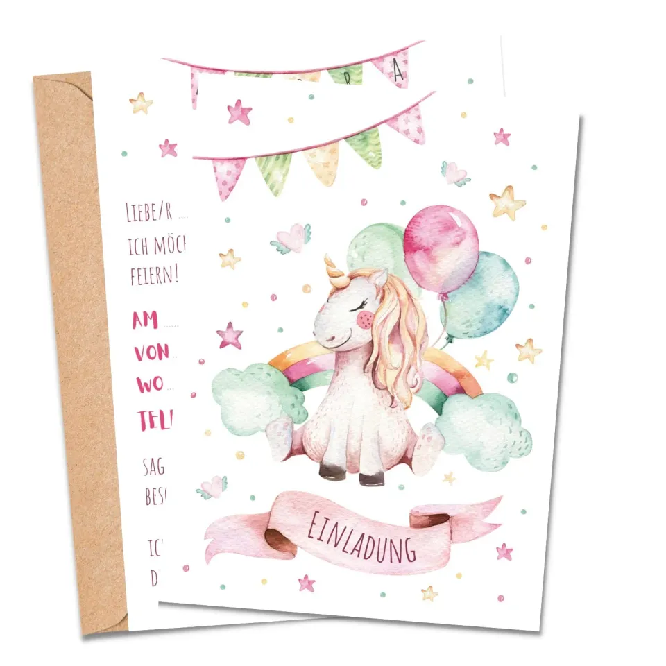 MeinBaby123 Kindergeburtstag Einladungskarten Einhorn 10er mit Umschlägen