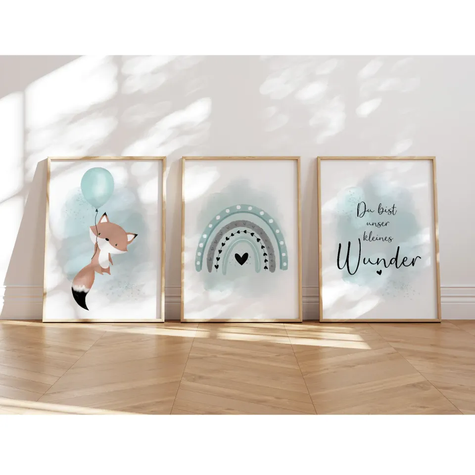 MeinBaby123 Poster Kinderzimmer 3er A4 Luftballon Fuchs Mint
