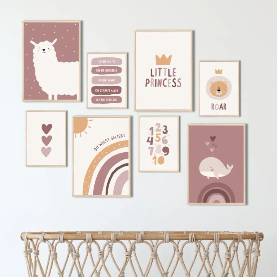 MeinBaby123 Alpaka & Freunde Poster 8er Set rosa