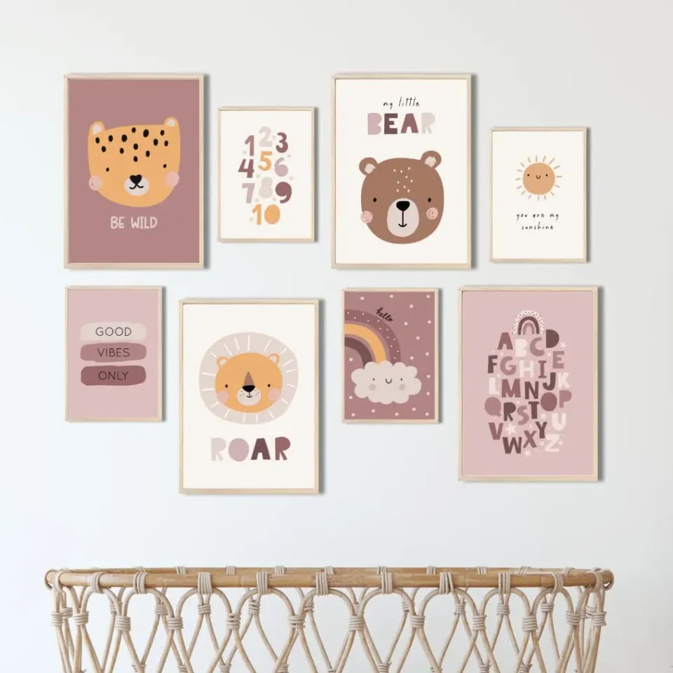 MeinBaby123 Süße Tiere rosa Poster 8er-Set A4/A5 matt