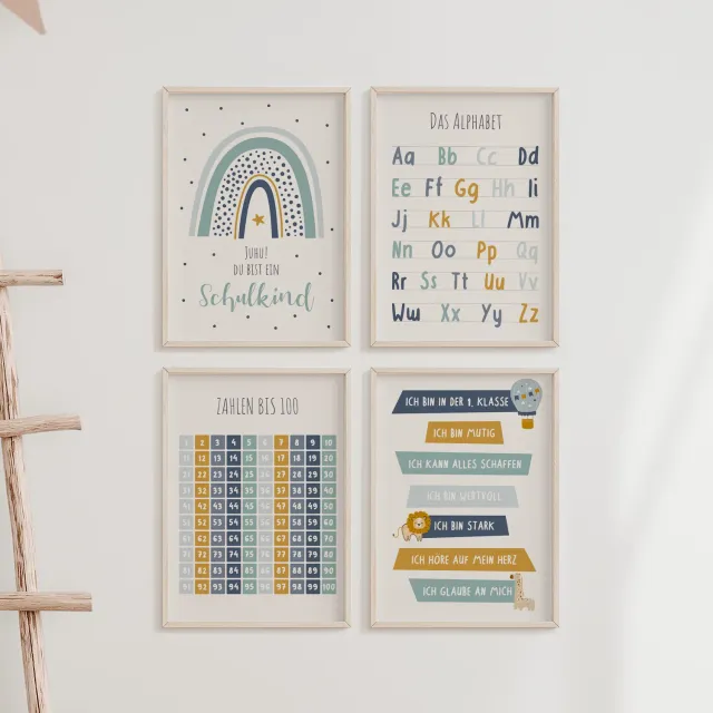 MeinBaby123 Lernposter 4er Set A4 ABC Zahlen blau