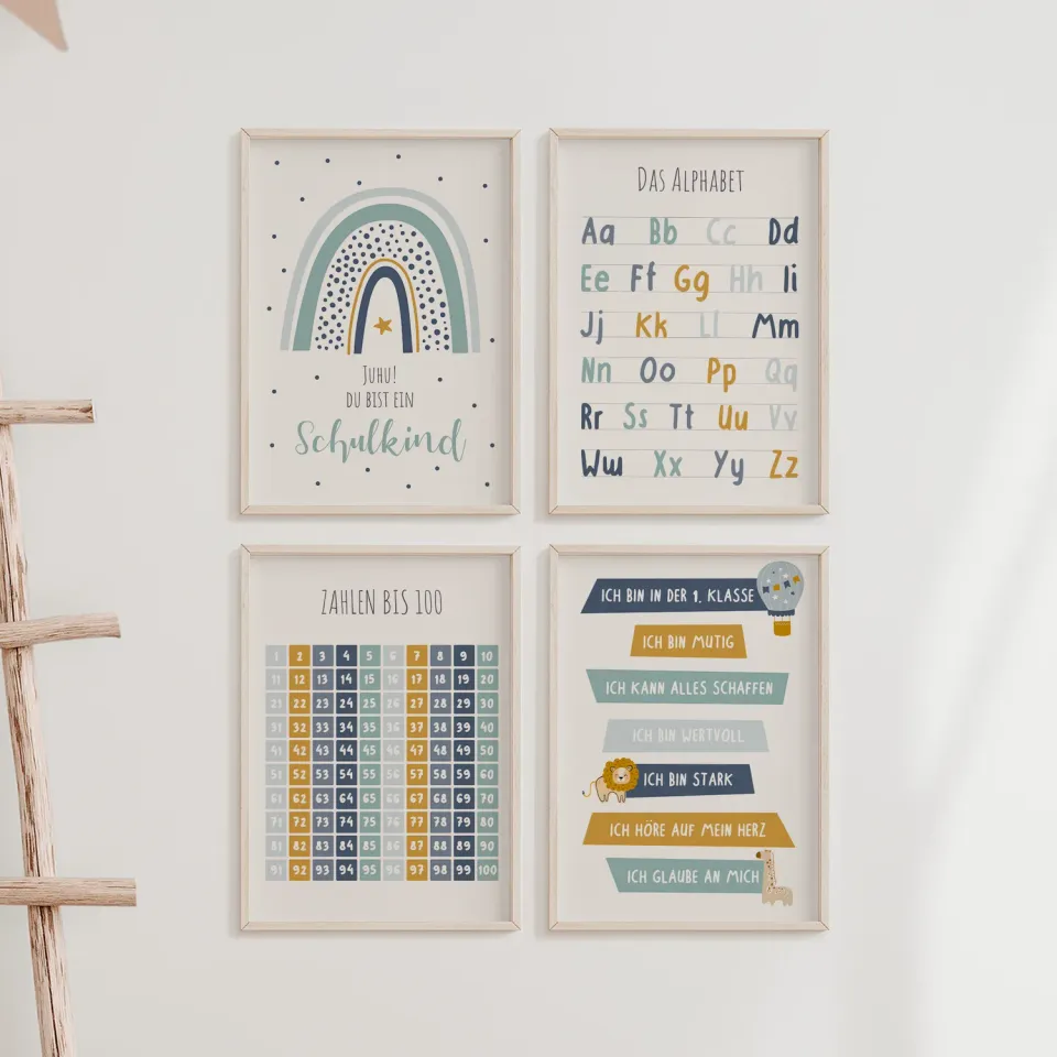 MeinBaby123 Lernposter 4er Set A4 ABC Zahlen blau