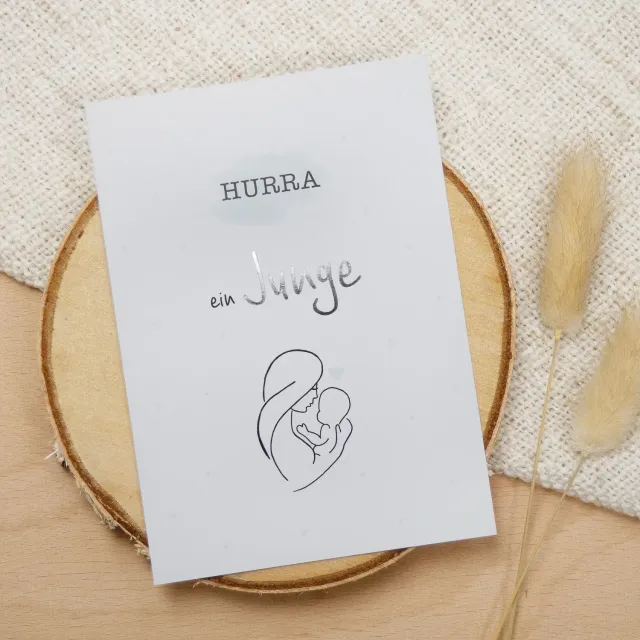 MINTKIND Postkarte Geburt Junge Hurra Silberfolie DIN A6