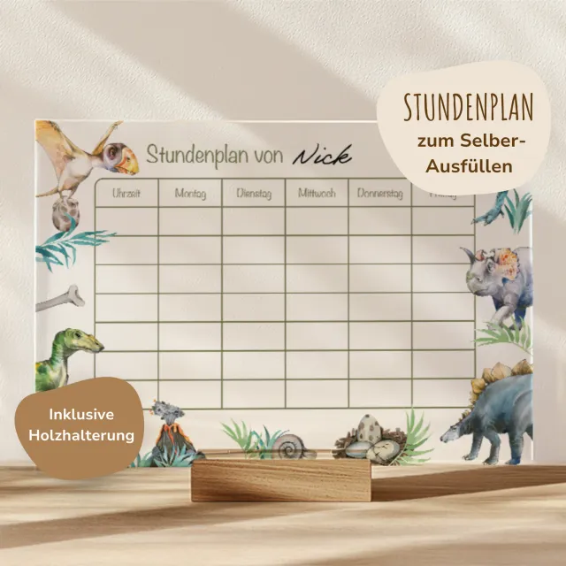 MeinBaby123 Stundenplan Dinos Acryl A4 mit Holzhalterung abwischbar