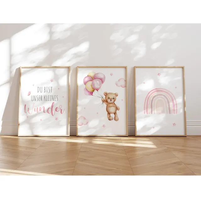 MeinBaby123 Bär & Regenbogen Poster Kinderzimmer 3er Set A4 rosa