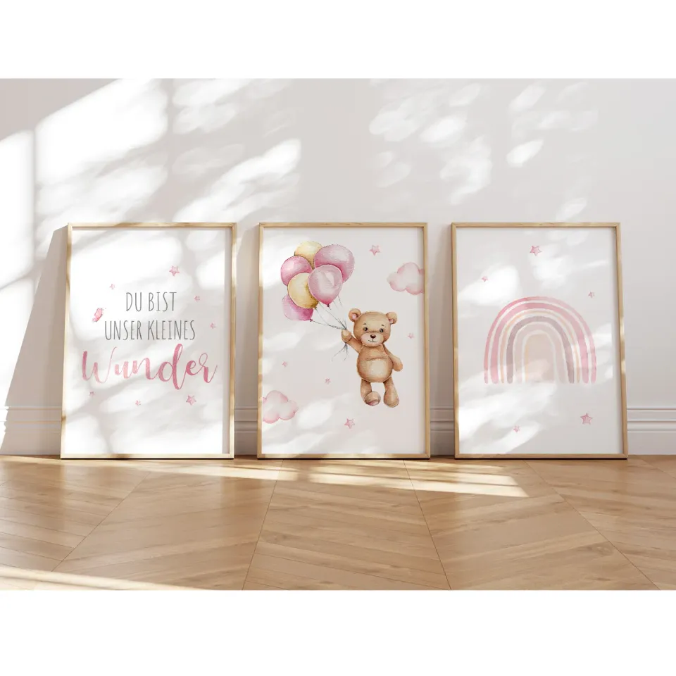 MeinBaby123 Bär & Regenbogen Poster Kinderzimmer 3er Set A4 rosa
