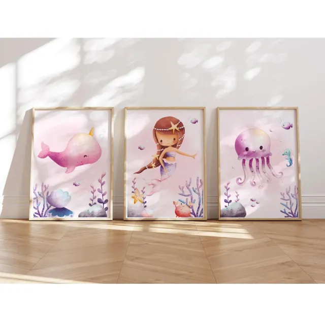 MeinBaby123 Kinderzimmer Poster 3er Set A4 Meerjungfrauen