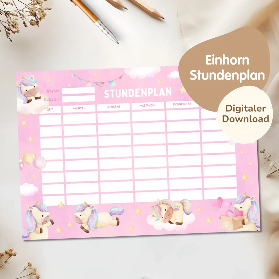 MeinBaby123 Einhorn Stundenplan zum Ausdrucken PDF A4