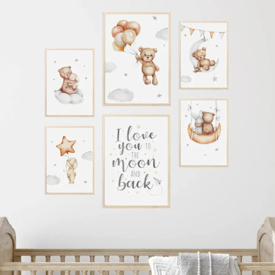 MeinBaby123 Bär Sterne Kinderzimmer Poster 6er Set A4 A5 Boho