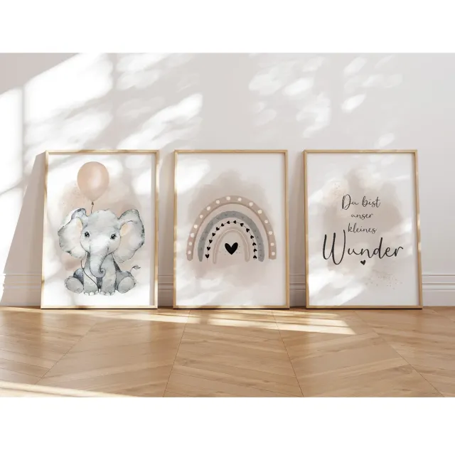 MeinBaby123 Elefant Luftballon Poster 3er Set A4 beige