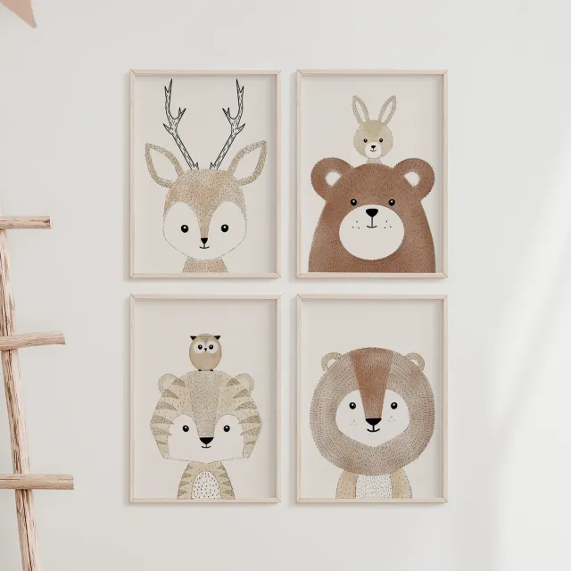 MeinBaby123 Vier Freunde Poster Kinderzimmer 4er Set A4 Boho