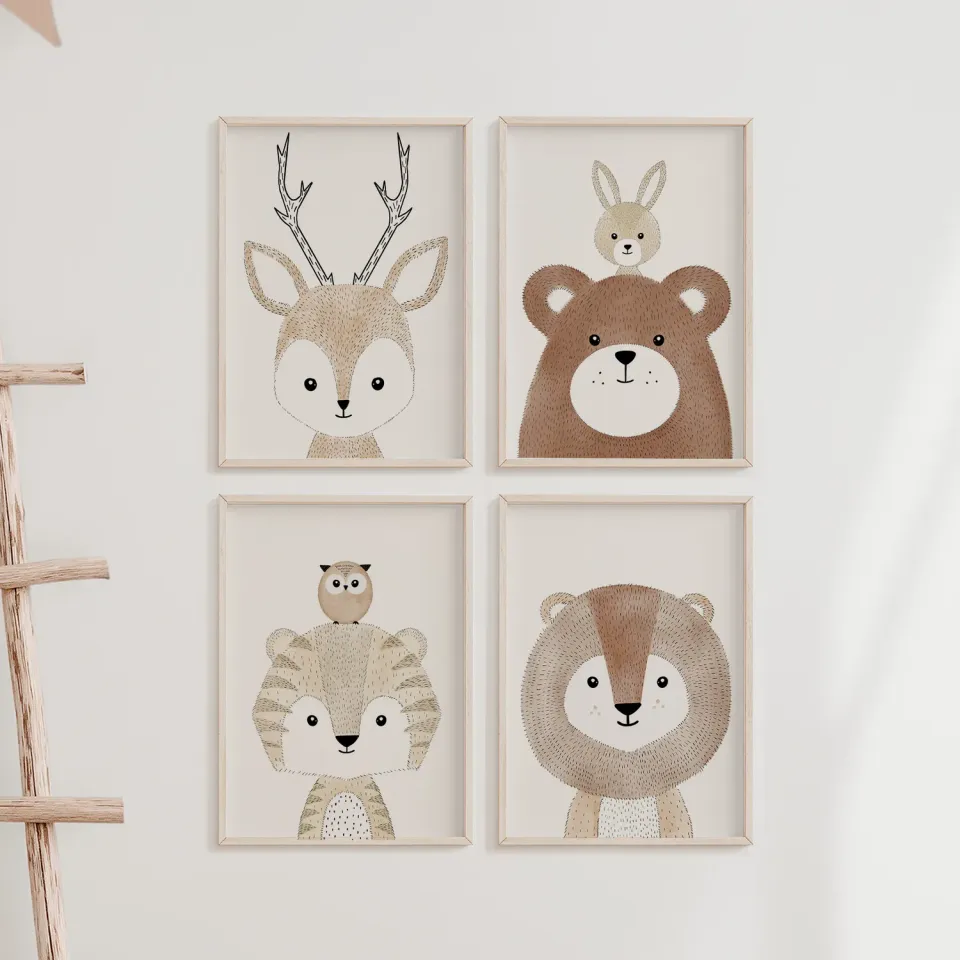 MeinBaby123 Vier Freunde Poster Kinderzimmer 4er Set A4 Boho