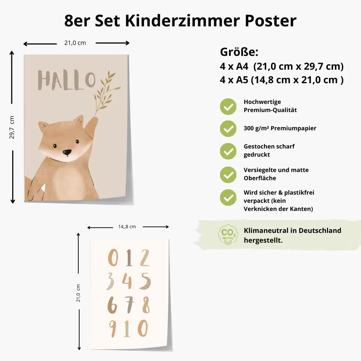 MeinBaby123 Kinderzimmerposter 8er Set A4 Faultier Bär