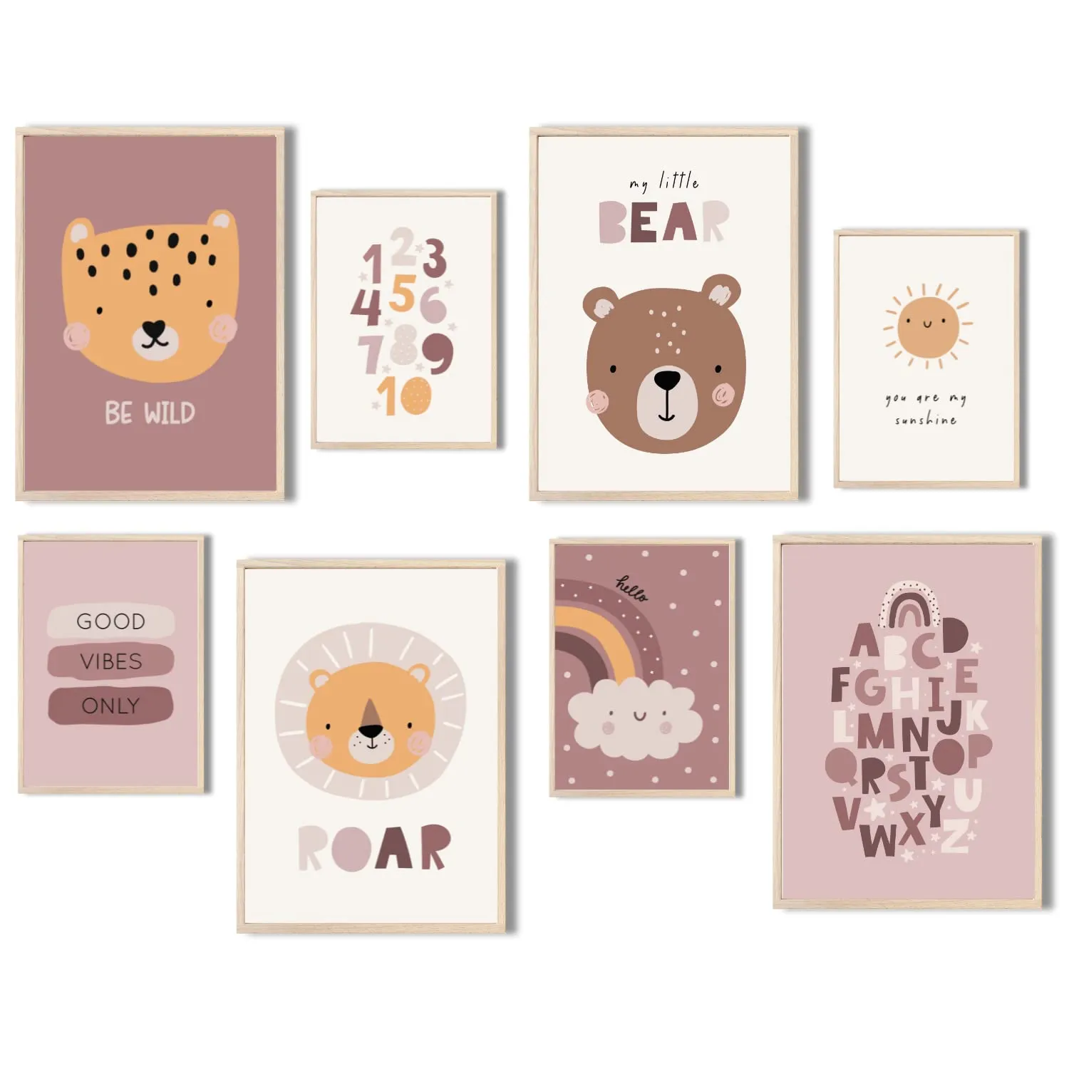 MeinBaby123 Süße Tiere rosa Poster 8er-Set A4/A5 matt
