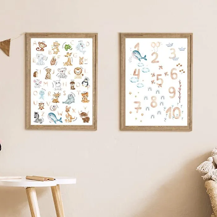 MeinBaby123 Lernposter ABC Zahlen Poster 2er Set A4 Tiere