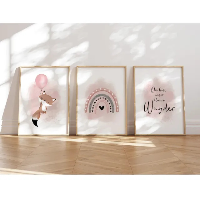 MeinBaby123 Kinderzimmer Poster Fuchs Rosa A4 3er-Set matt