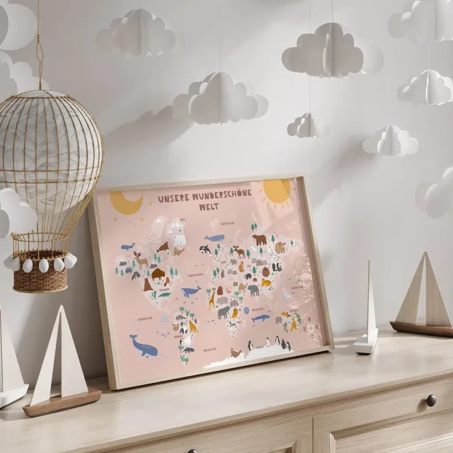 MeinBaby123 Lernposter Weltkarte rosa A2 Tiere