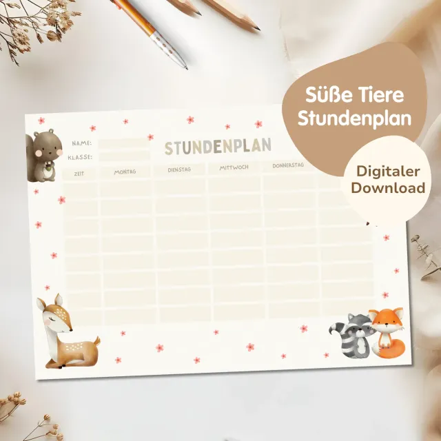 MeinBaby123 Waldtiere Stundenplan zum Ausdrucken PDF A4