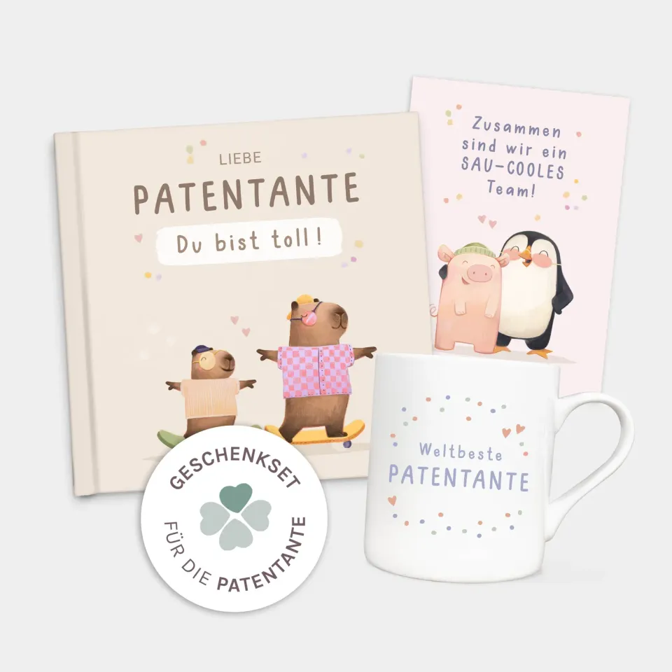 MINTKIND Patentante Geschenkset Buch Tasse Karte 3-teilig