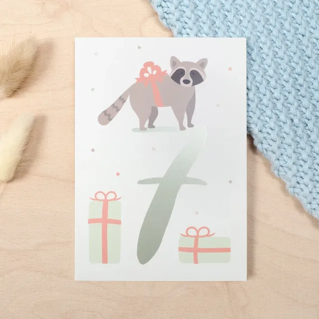 MINTKIND Waschbär Glückwunschkarte 7. Geburtstag A6