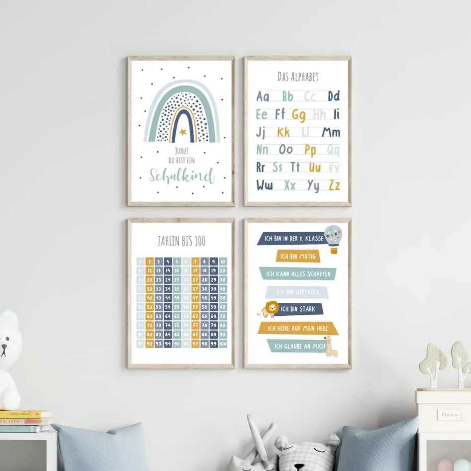 MeinBaby123 Lernposter 4er Set A4 ABC Zahlen blau