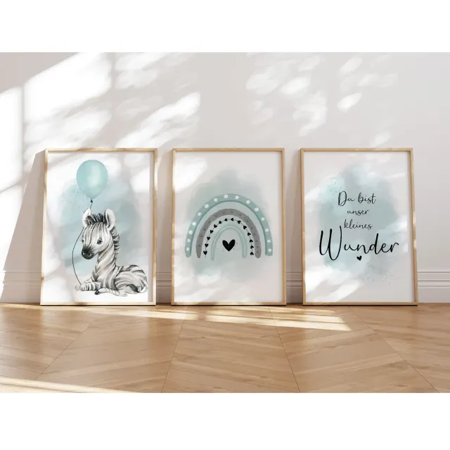 MeinBaby123 Zebra & Luftballon Poster 3er Set A4 mint