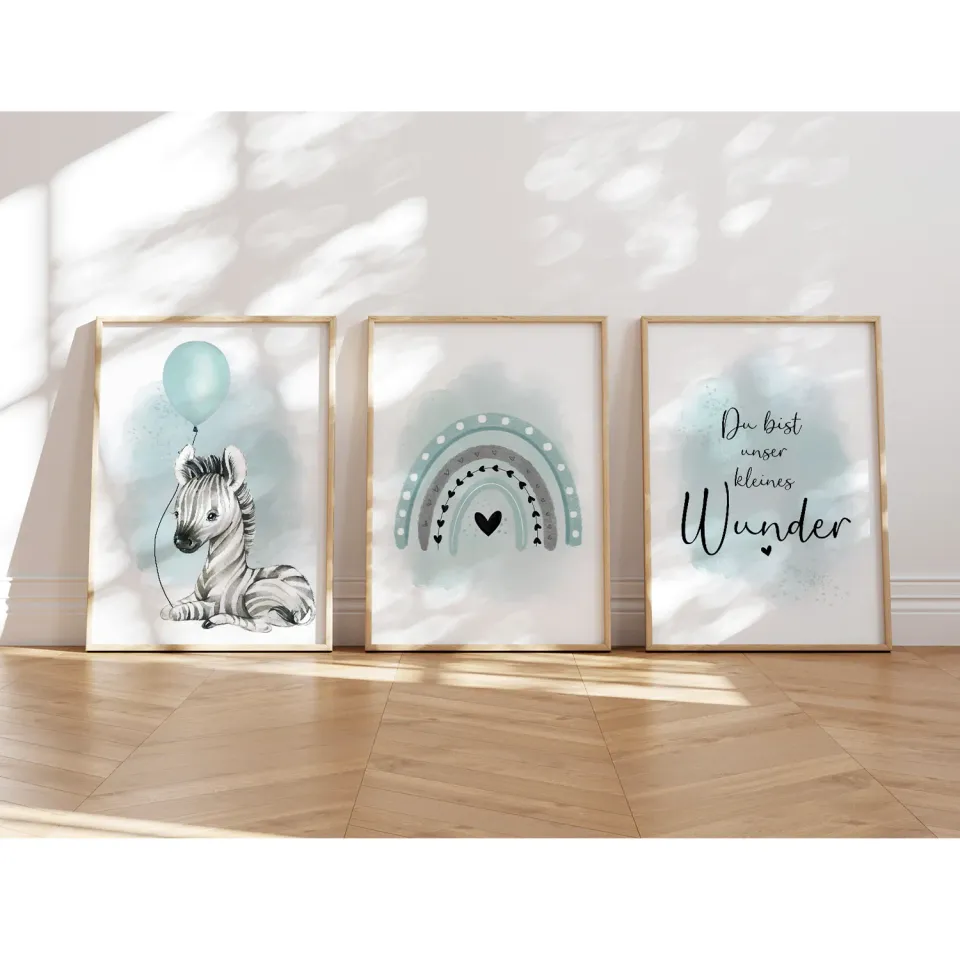 MeinBaby123 Zebra & Luftballon Poster 3er Set A4 mint