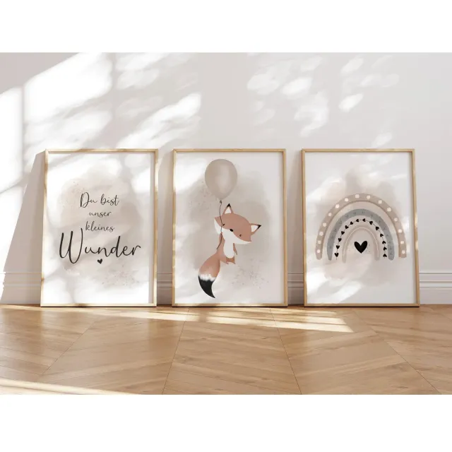 MeinBaby123 Kinderzimmer Poster 3er Set A4 Fuchs beige