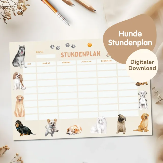 MeinBaby123 Stundenplan Hunde zum Ausdrucken A4 PDF