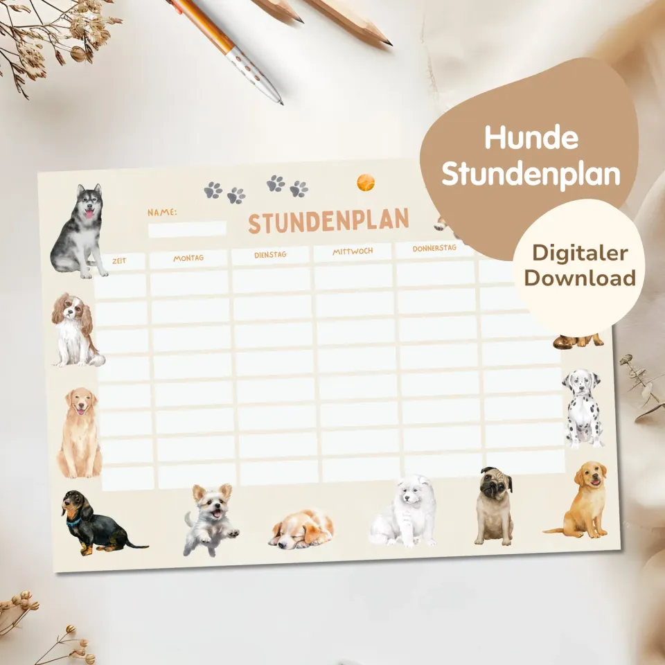 MeinBaby123 Stundenplan Hunde zum Ausdrucken A4 PDF