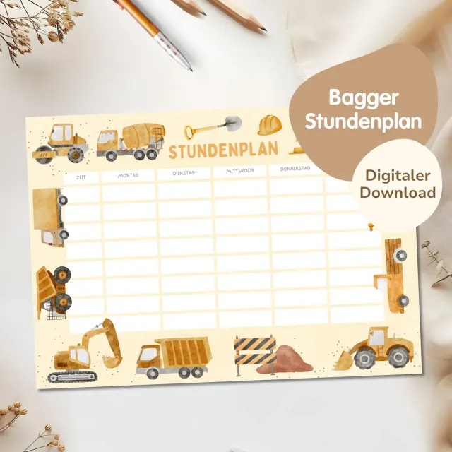 MeinBaby123 Stundenplan Bagger zum Ausdrucken A4 PDF