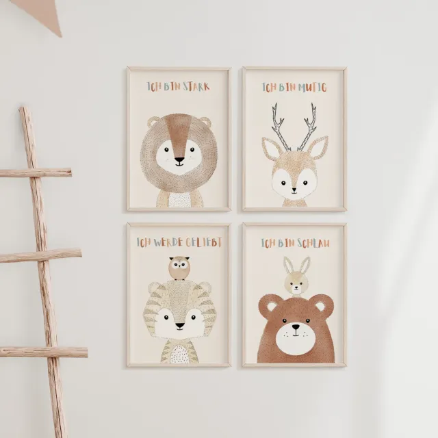 MeinBaby123 Kinderzimmerposter Vier Freunde Affirmation 4er Set A4