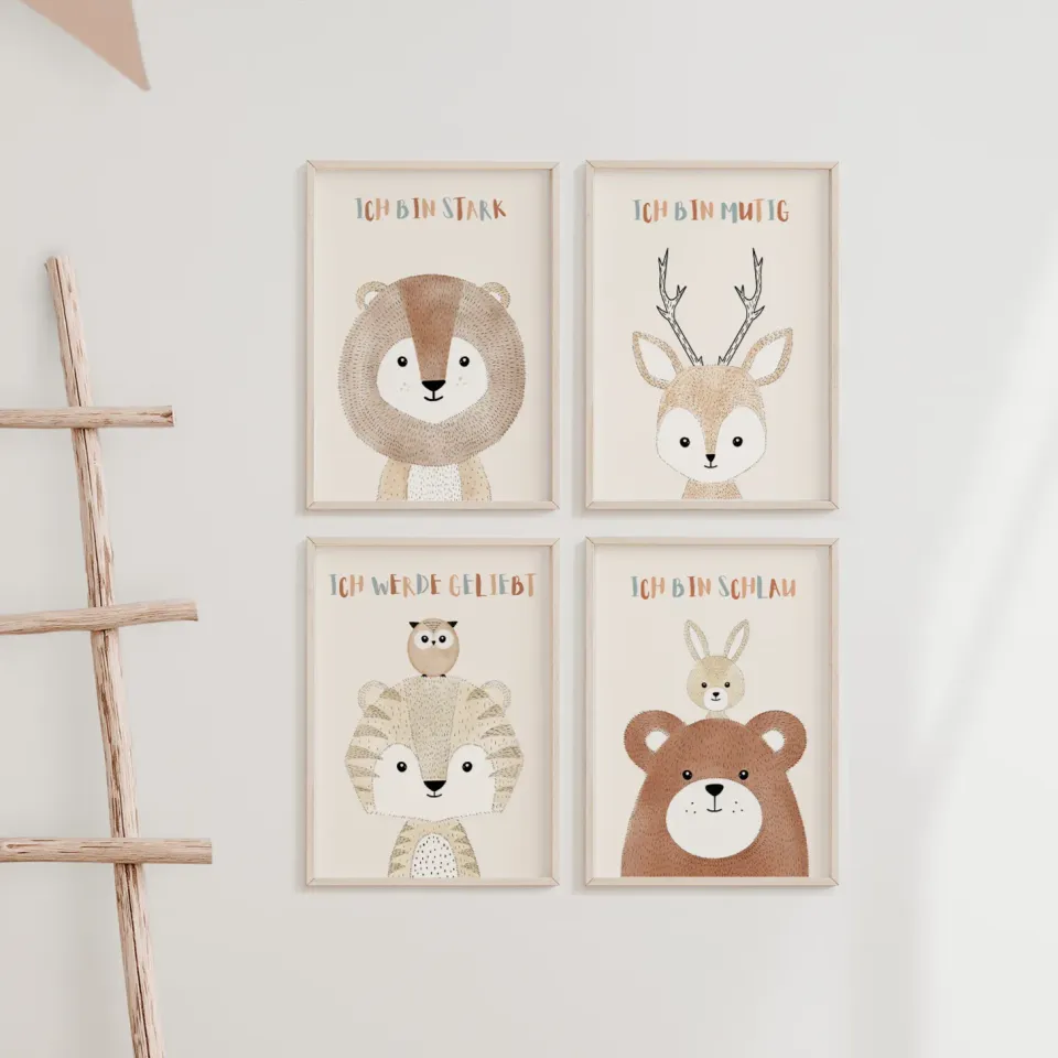 MeinBaby123 Kinderzimmerposter Vier Freunde Affirmation 4er Set A4