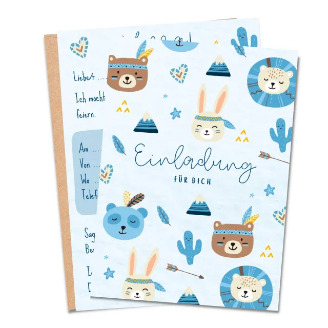 MeinBaby123 Einladungskarten Kindergeburtstag Boho Blau 10er Set