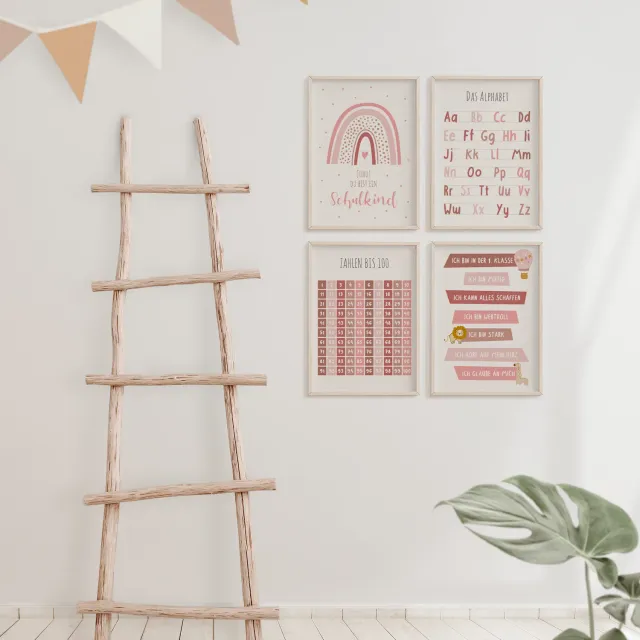 MeinBaby123 Lernposter 4er Set A4 Alphabet Zahlen rosa