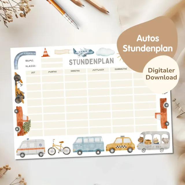 MeinBaby123 Stundenplan Autos PDF zum Ausdrucken A4