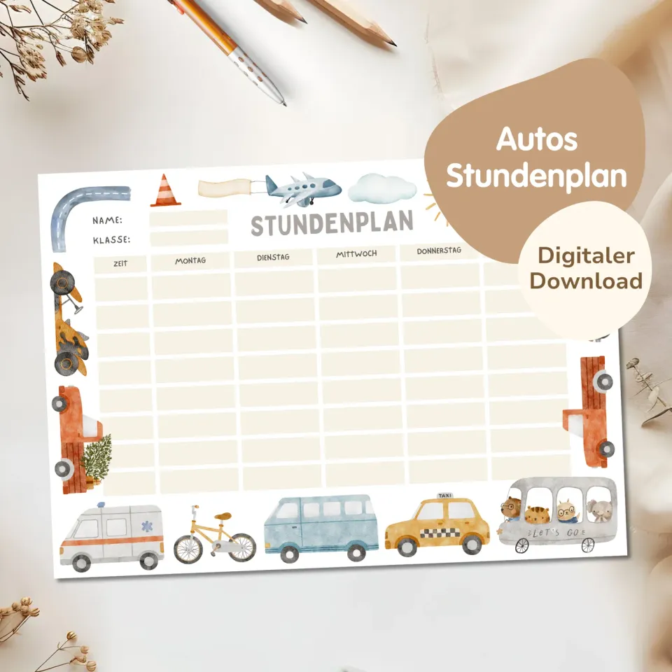 MeinBaby123 Stundenplan Autos PDF zum Ausdrucken A4