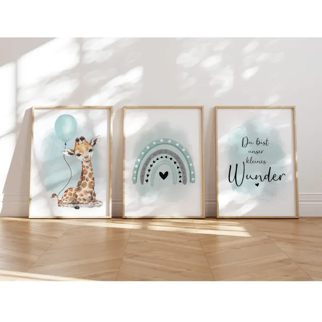 MeinBaby123 Giraffe Luftballon Poster 3er Set A4 Mint