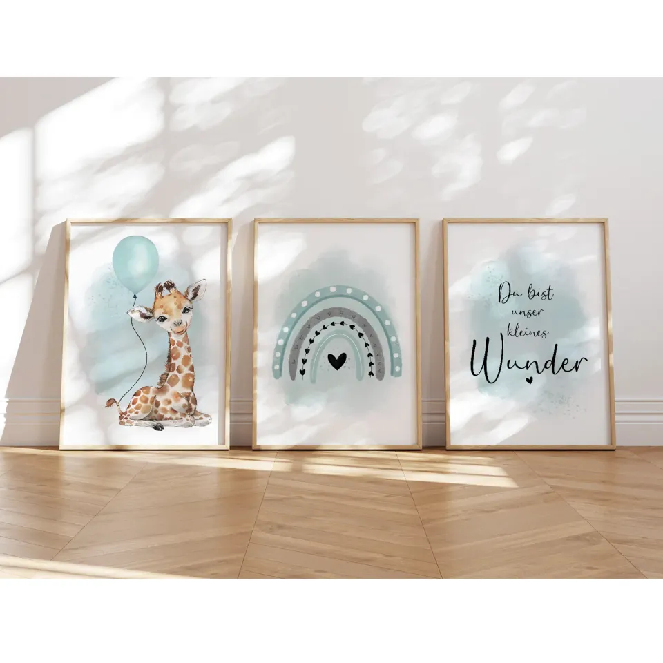 MeinBaby123 Giraffe Luftballon Poster 3er Set A4 Mint